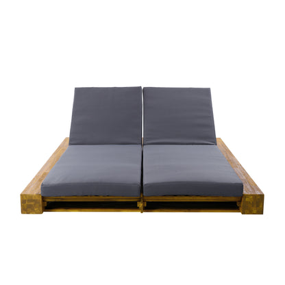 Junipar Outdoor Double Chaise Lounge, Acacia Wood, 4 Position Adjustable Back, 800lbs Capacity