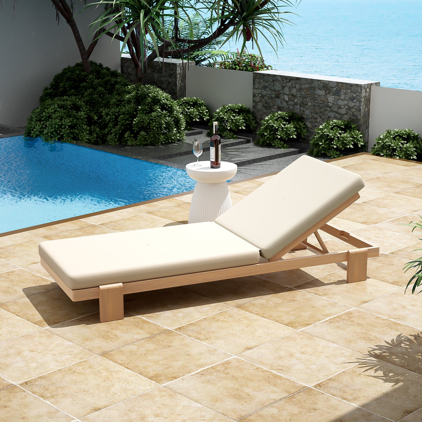 Enchang Outdoor Acacia Wood Chaise Lounge, Teak Frame, with Cushion