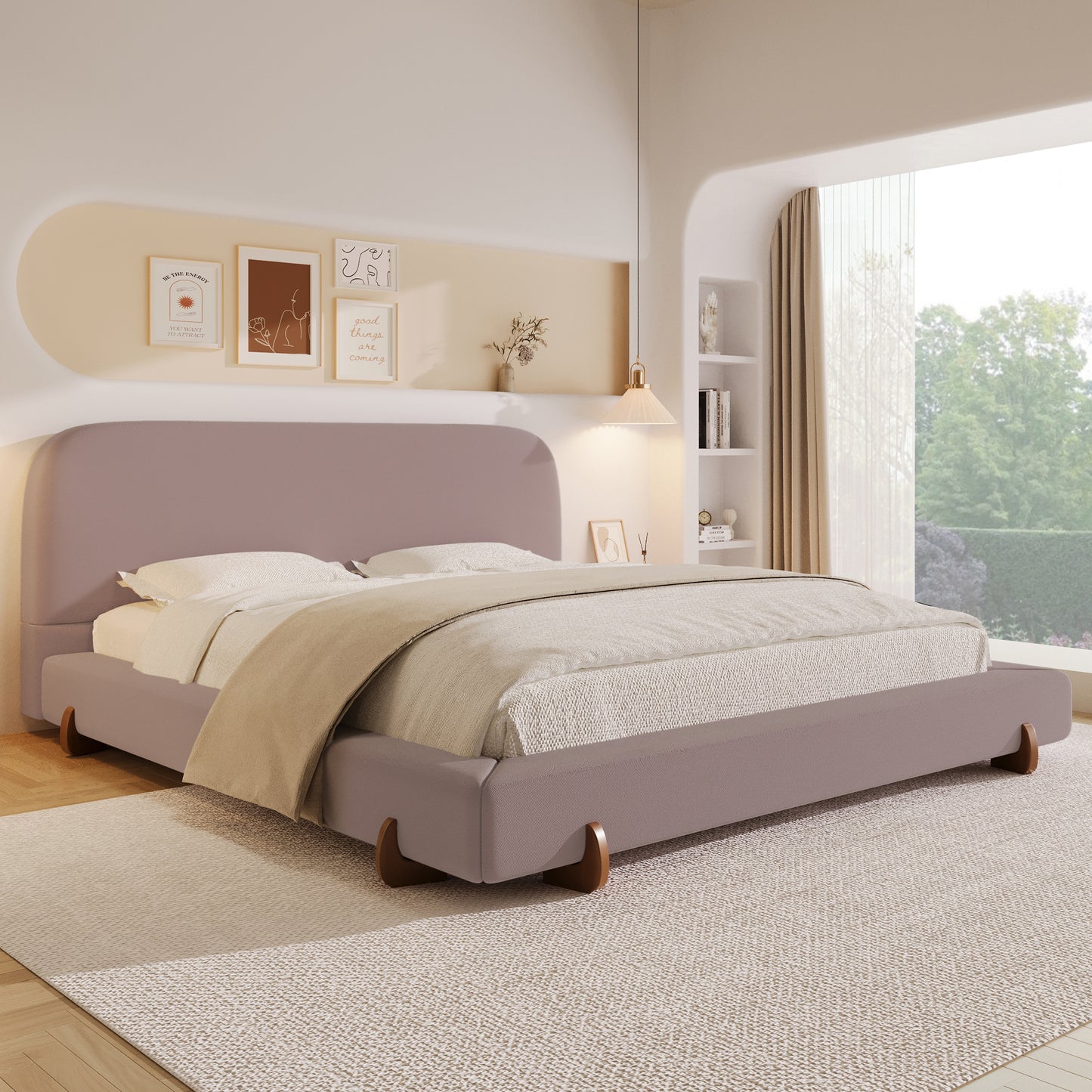 Maren Unique Design, White Fabric and Solid Wood Legs Upholstered Bed Frame