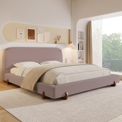 Maren Unique Design, White Fabric and Solid Wood Legs Upholstered Bed Frame