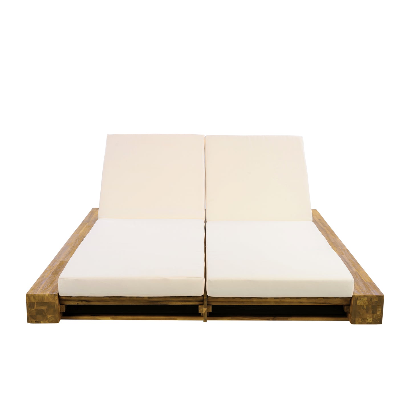 Junipar Outdoor Double Chaise Lounge, Acacia Wood, 4 Position Adjustable Back, 800lbs Capacity