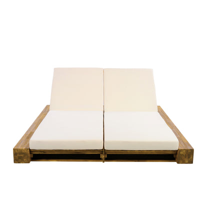 Junipar Outdoor Double Chaise Lounge, Acacia Wood, 4 Position Adjustable Back, 800lbs Capacity