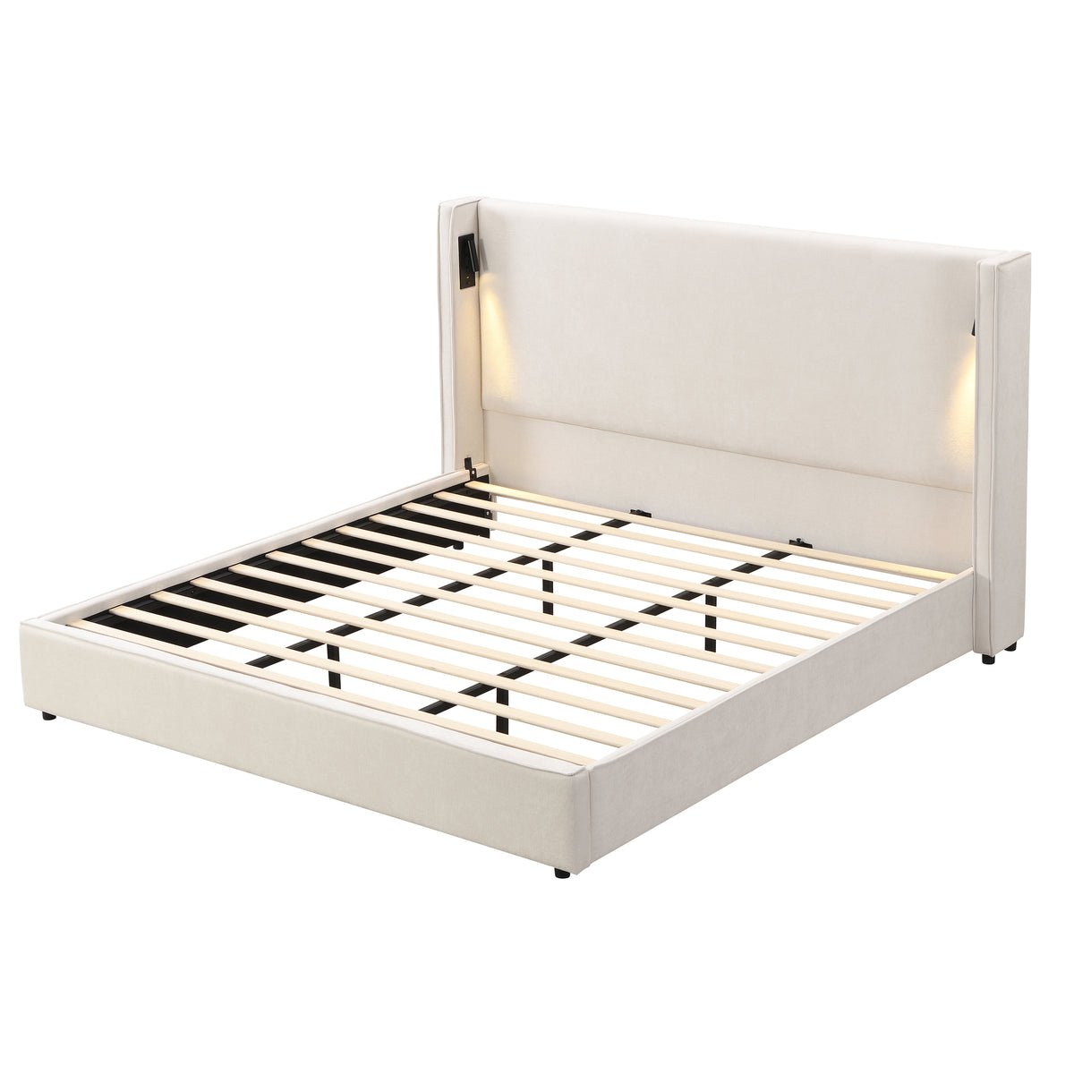 Armoire Hazel 49.20" H King Headboard Bed, Upholstered King Size Bed, Slats Panel Support Platform, No Spring Box Needed, Wingback Headboard with Reading Lamps and USB, Beige