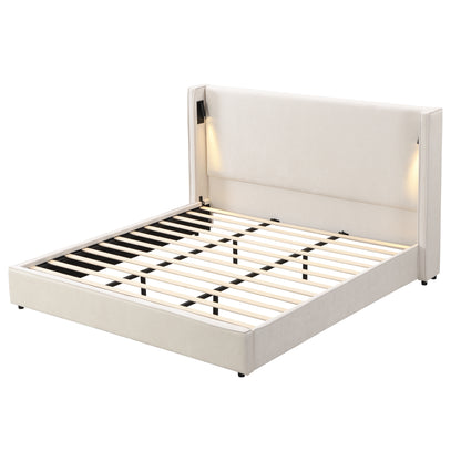 Armoire Hazel 49.20" H King Headboard Bed, Upholstered King Size Bed, Slats Panel Support Platform, No Spring Box Needed, Wingback Headboard with Reading Lamps and USB, Beige