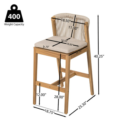Ylisora Outdoor Barstool, Teak Finished Wood with Beige Cushion, Set of 2