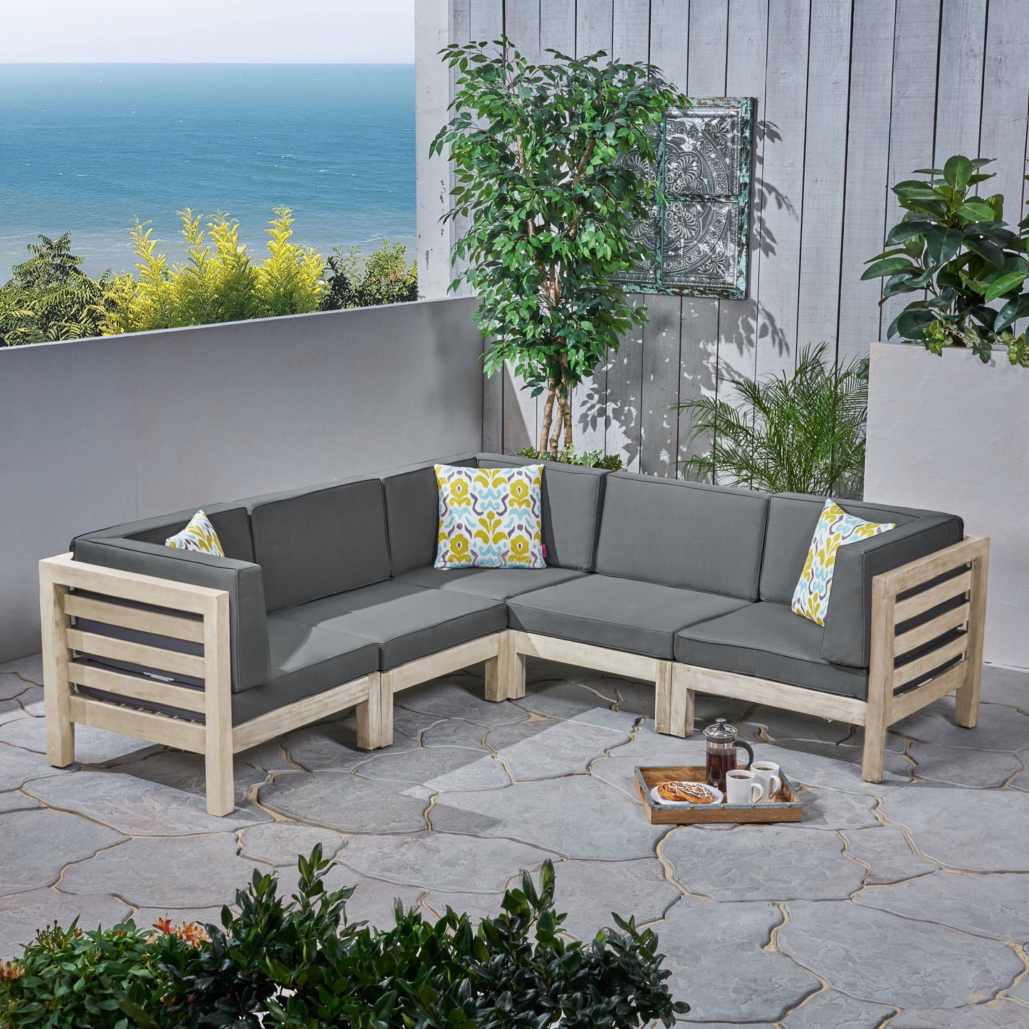 Cascada Outdoor Acacia Wood 5 Seater Sectional Sofa Set with Cushions