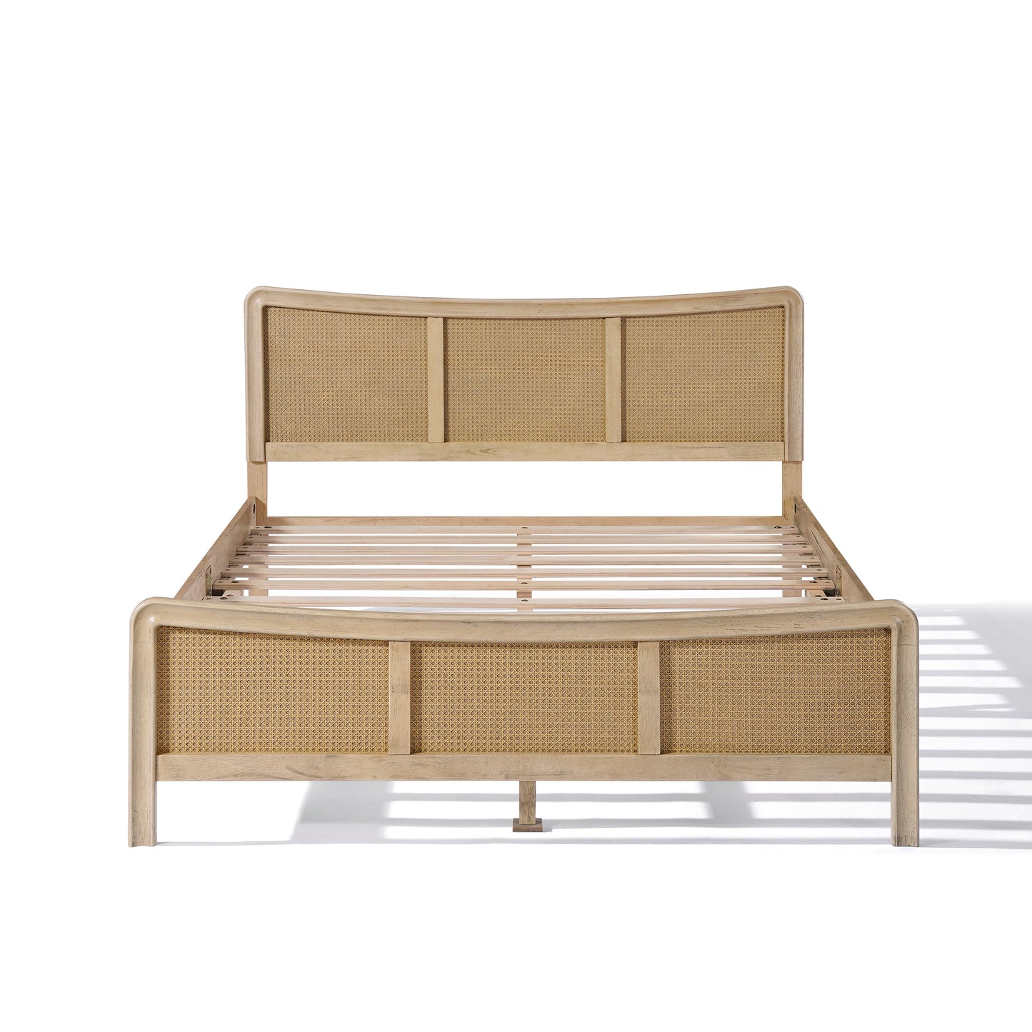 Ravosilor Curved Wooden Bed Frame with Nature Rattan Headboard&Footboard