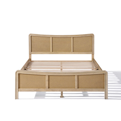 Ravosilor Curved Wooden Bed Frame with Nature Rattan Headboard&Footboard