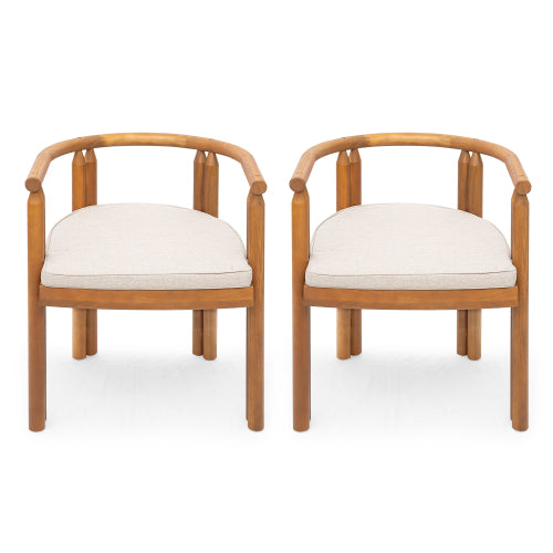 Cavar Acacia Wood Armrest Dining Chair, Teak Finish with Beige Cushion, Set of 2