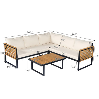 Ezra Outdoor 4-piece Acacia Wood and Metal Patio Sofa Corner Set