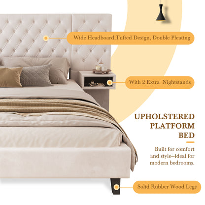Meridia Platform Bed with Headboard, Modern Velvet Upholstered Platform Bed with 2 Nightstands, with diamond tufted