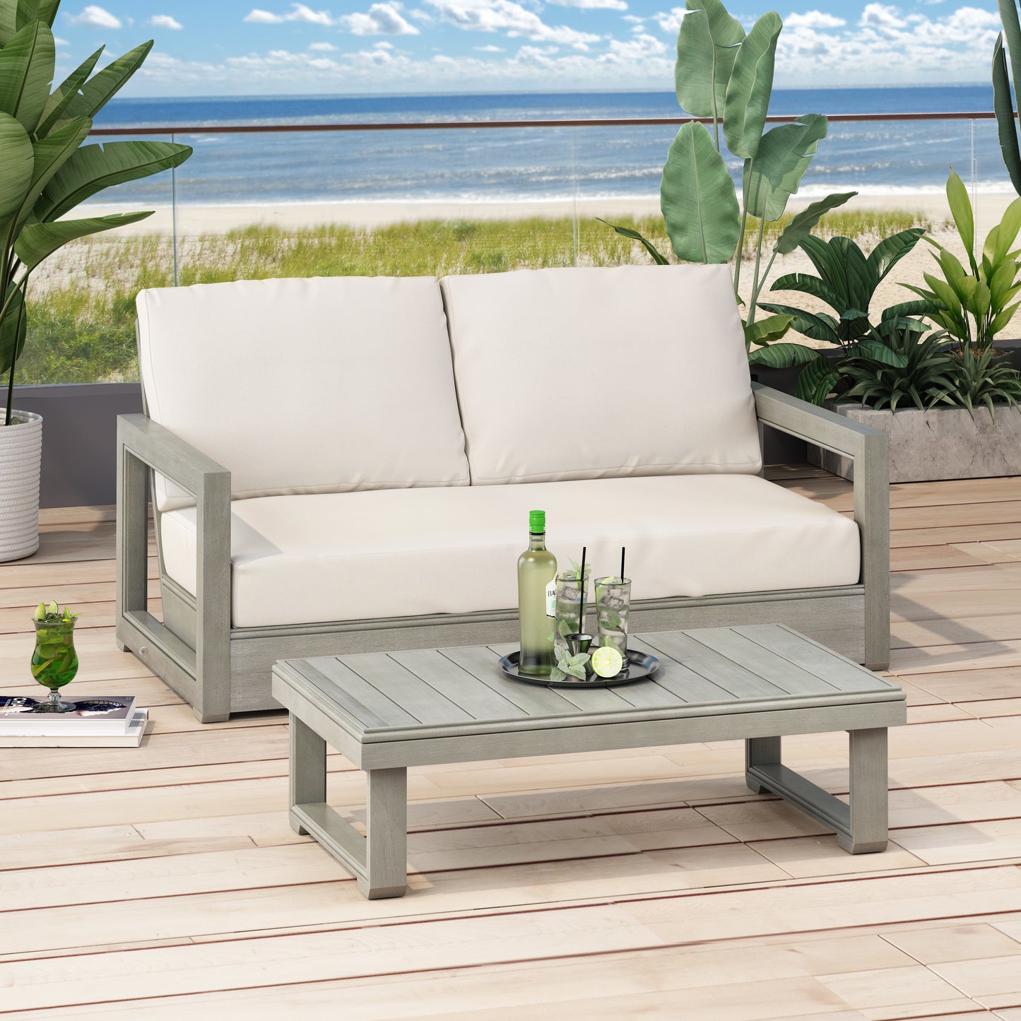 Andrae Outdoor Acacia Wood Loveseat Set with Coffee Table