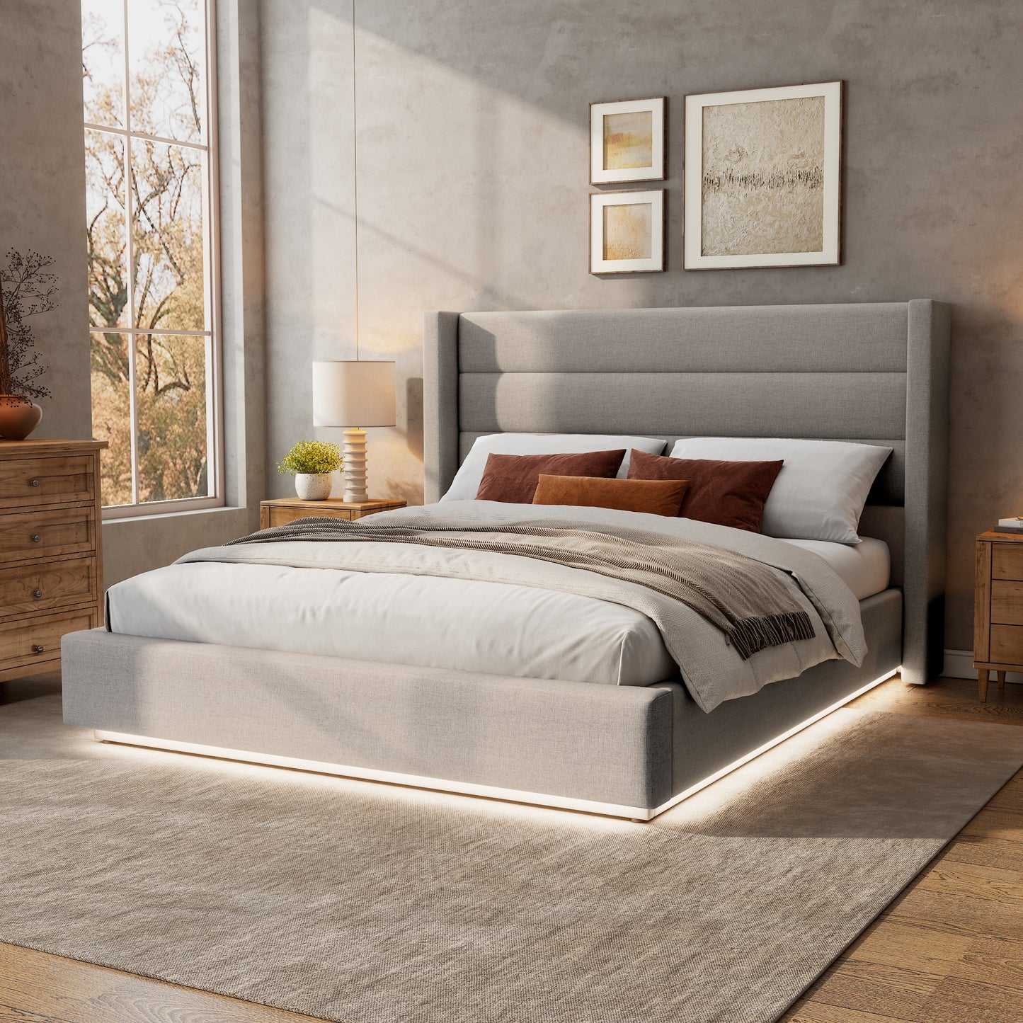 Brannick Queen Size Platform Bed with LED light, Greige