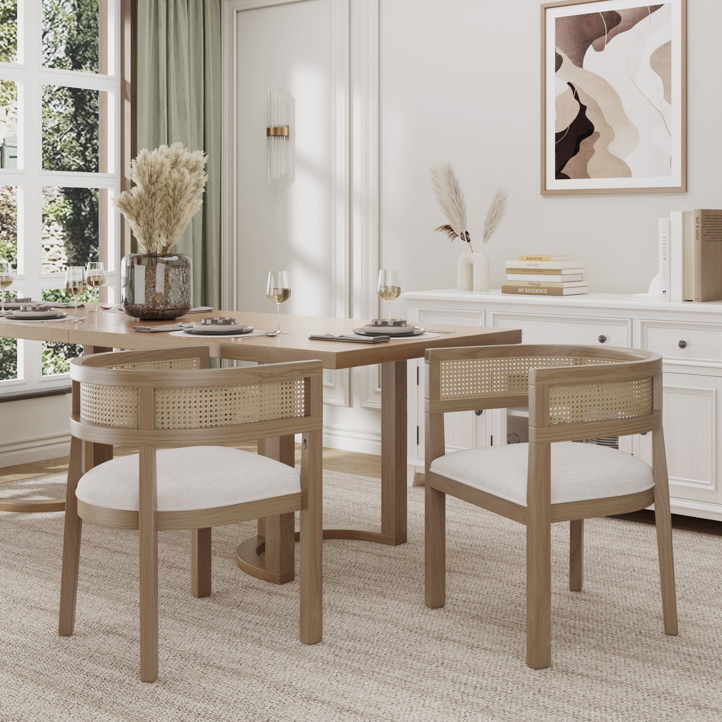 Bastian Dining Chairs with Rattan Backrest, Upholstered Seat, Set of 2