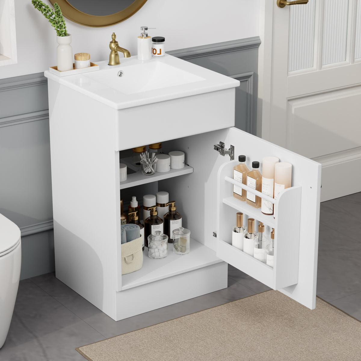 Effervescent Vanes Wood Frame 20" Bathroom Vanity with Ceramic Sink, Cabinet with Soft-Closing Door Shelf and Adjustable Shelf, Open Back, Metal Hardware, Storage/Organizer, White