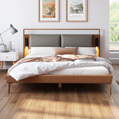 Mireva Brown&Gray Leather King Bed with 2pcs Night Lights