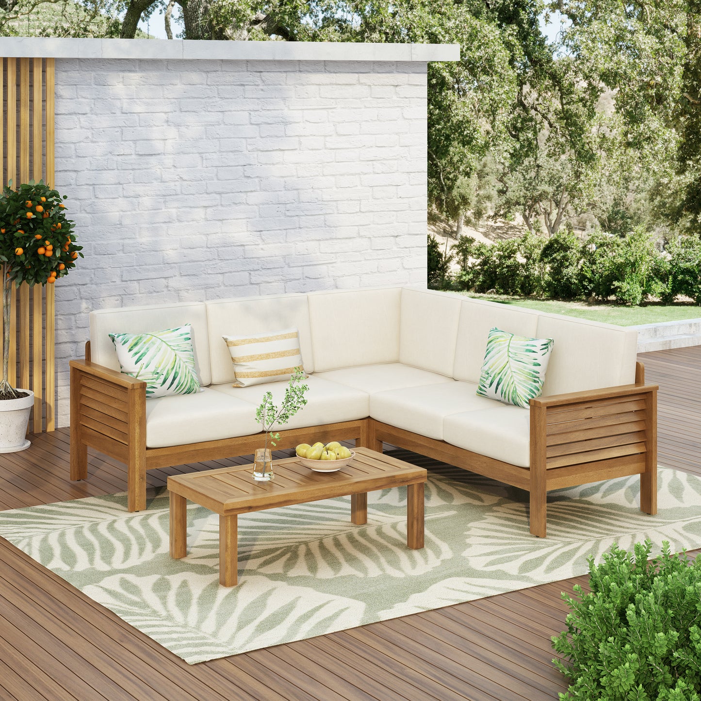 Fawne 4-Pieces Acacia Wood Patio Furniture Set, Outdoor Sectional Sofa Set with Coffee Table, 5 Seats L Shape Sofa Set Deep Seating with Soft Cushion, for Garden, Backyard Porch Balcony, Teak & Cream