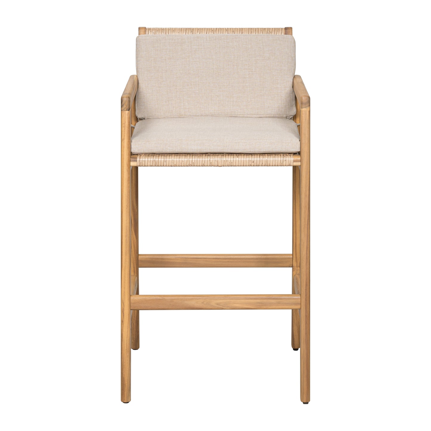 Yliraeth Wood Outdoor Barstool, Teak Finished Wood with Beige Cushion, Set of 2