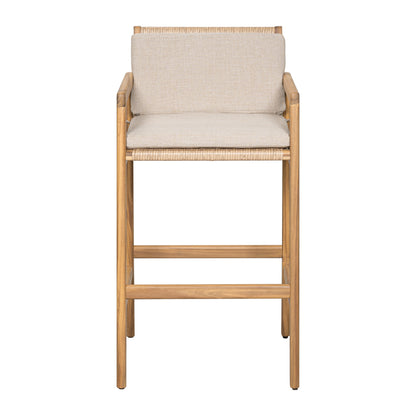 Yliraeth Wood Outdoor Barstool, Teak Finished Wood with Beige Cushion, Set of 2