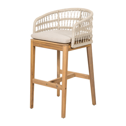 Lagunar Outdoor Wood and Rope Barstool, Teak Finished Wood with Cushion, Set of 2