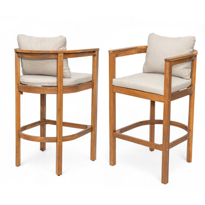 Abacoa Outdoor Barstool,Acacia Wood Finish with Beige Cushion, Set of 2