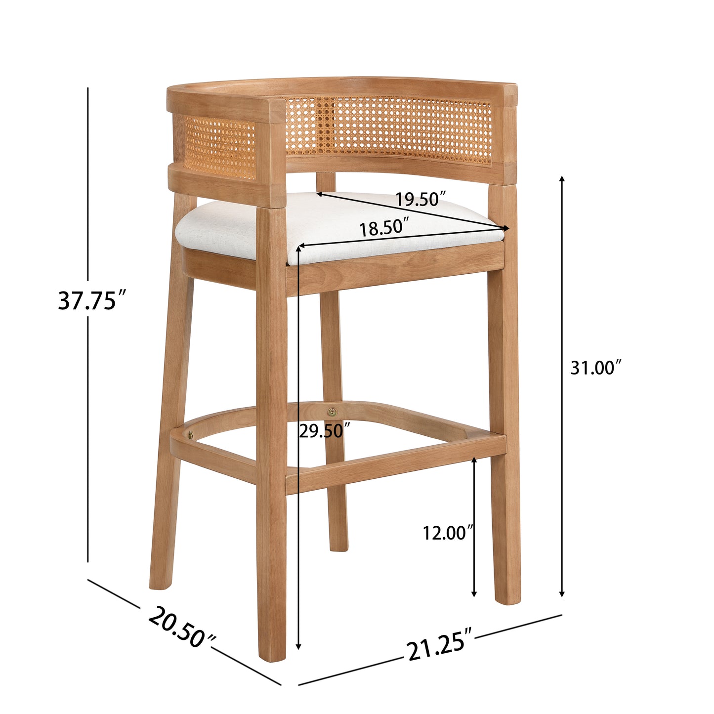 Tiberius Wood And Rattan Upholstered Arm Bar Stools,Set of 2