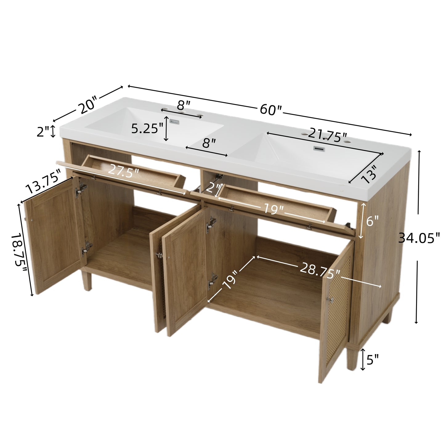 Silas 60 Inch Bathroom Vanity with Double Sink ( SMC Sink ), Large Storage Space