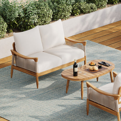 Brsin Outdoor Patio Seating Group,Woven Rope Loveseat with Cushions and Coffee Table