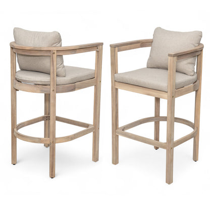 Abacoa Outdoor Barstool,Acacia Wood Finish with Beige Cushion, Set of 2