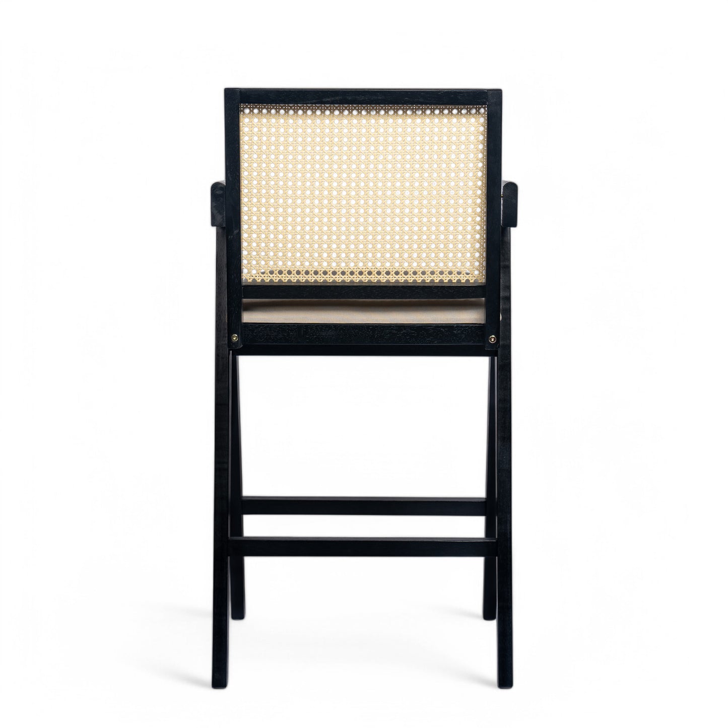 Lomiare Cream Grey Woven Cane Plastic Backrest Bar Stool - Foam-Padded Fabric Seat & Durable Rubberwood Frame