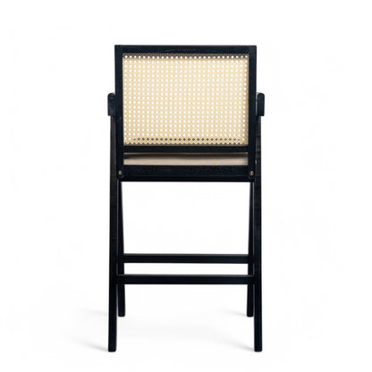 Lomiare Cream Grey Woven Cane Plastic Backrest Bar Stool - Foam-Padded Fabric Seat & Durable Rubberwood Frame