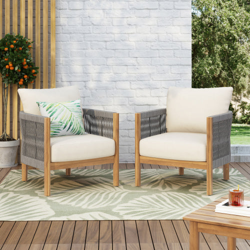 Fernver Ourdoor Woven Rope Patio Acacia Wood Club Chair, With Cushion