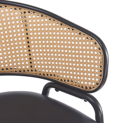 Eathan Indoor Metal PU Leather Barstool, Wowen Rattan Backrest, Set of 2