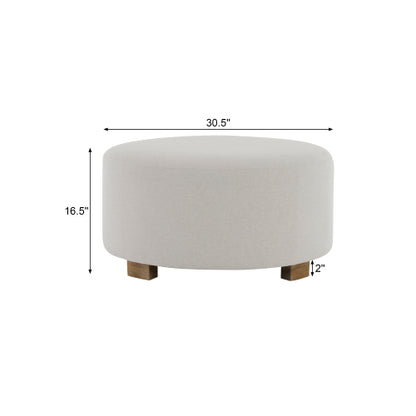 DIndou White Fabric Round Ottoman with Wooden Legs, Modern Minimalist Ottoman