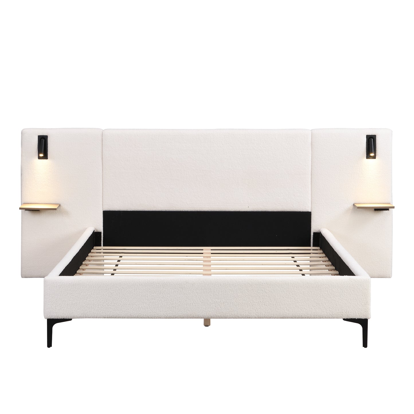 Callion Boucle Upholstered Bed with Integrated Lights and Shelves