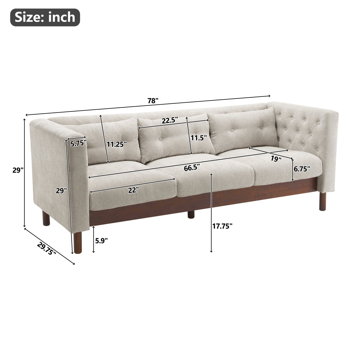 Noirae Upholstered Sofa Modern 3-seater Sofa Couch with Tufted