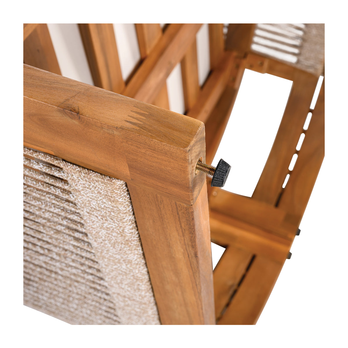 Languid Premium Acacia Wood Outdoor Club Chair, Curved Tub Design with Woven Rope Accents, Water-Resistant Cushions, All-Weather Slat Construction