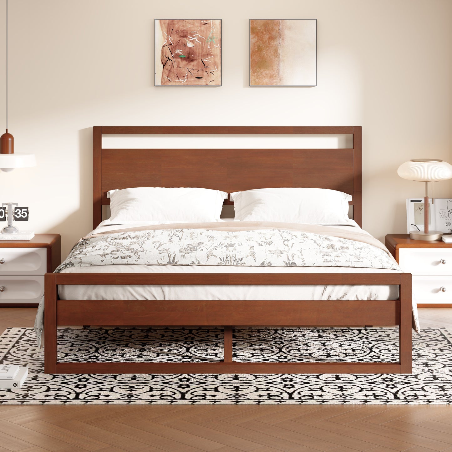 Quorrilos Walnut Wood Queen Bed with Headboard and Silent Slats