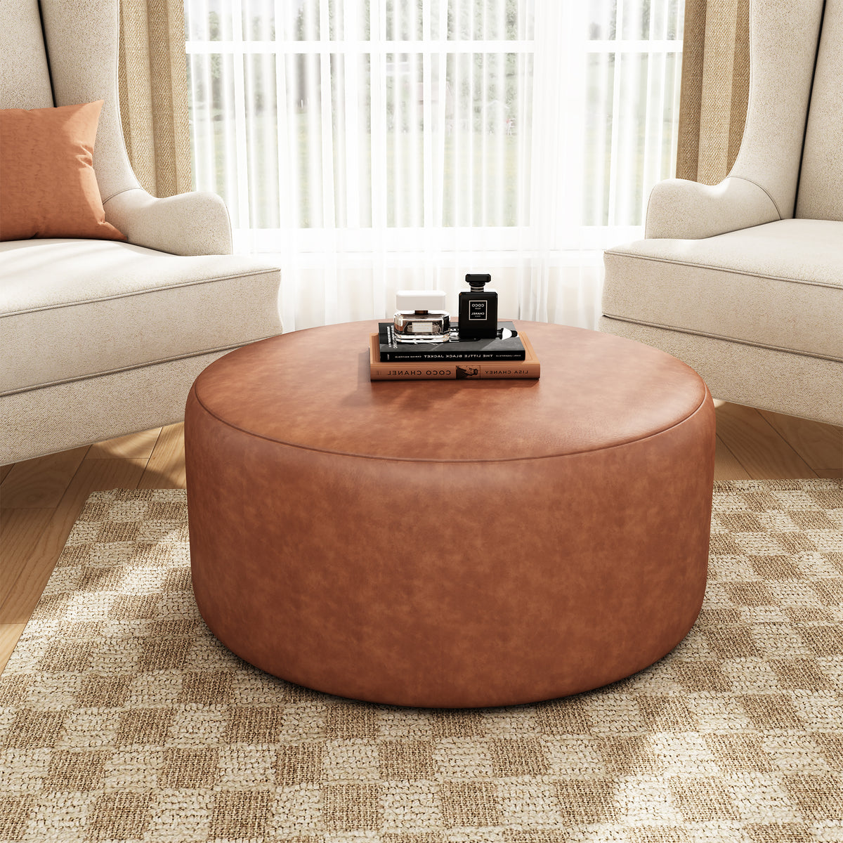 Placidity GAVI PU Leather Ottoman Foot Stool, 30" Pouf Footstool Ottoman Seat, Upholstered Foot Chair, Round Footrest, Modern Side Table for Living Room Bedroom Home Decor, Cognac Brown