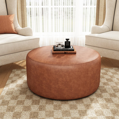 Placidity GAVI PU Leather Ottoman Foot Stool, 30" Pouf Footstool Ottoman Seat, Upholstered Foot Chair, Round Footrest, Modern Side Table for Living Room Bedroom Home Decor, Cognac Brown