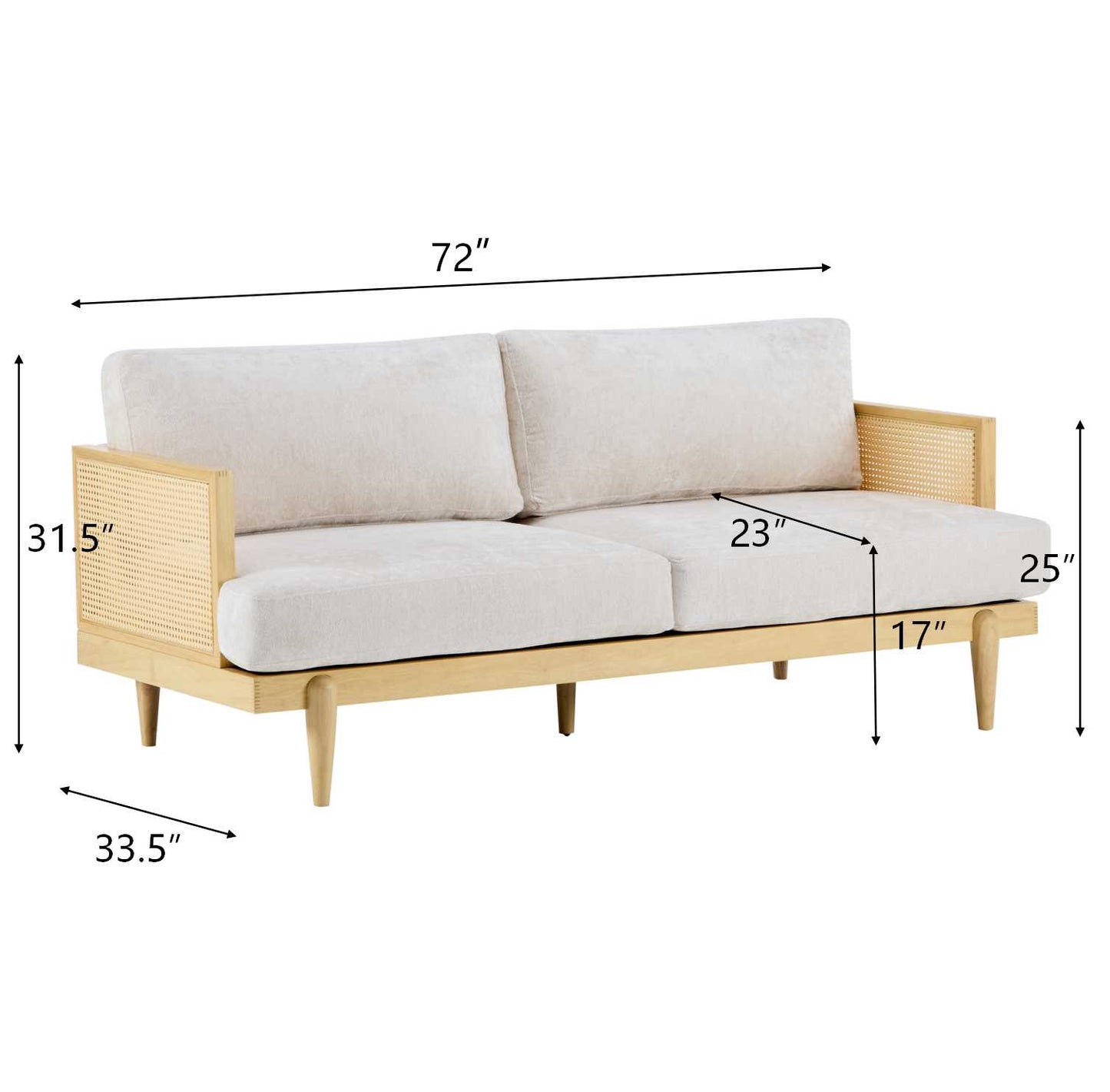EMIR 72" Square Arm 3-Seater Sofa with Cane Rattan and Wooden Frame