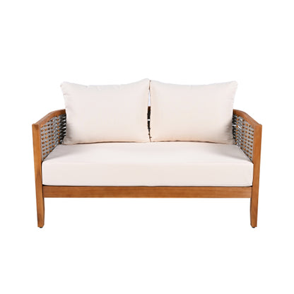 ThruBeam 2 Pieces Acacia Wood Patio Furniture Set, Loveseat with Woven Rope Table