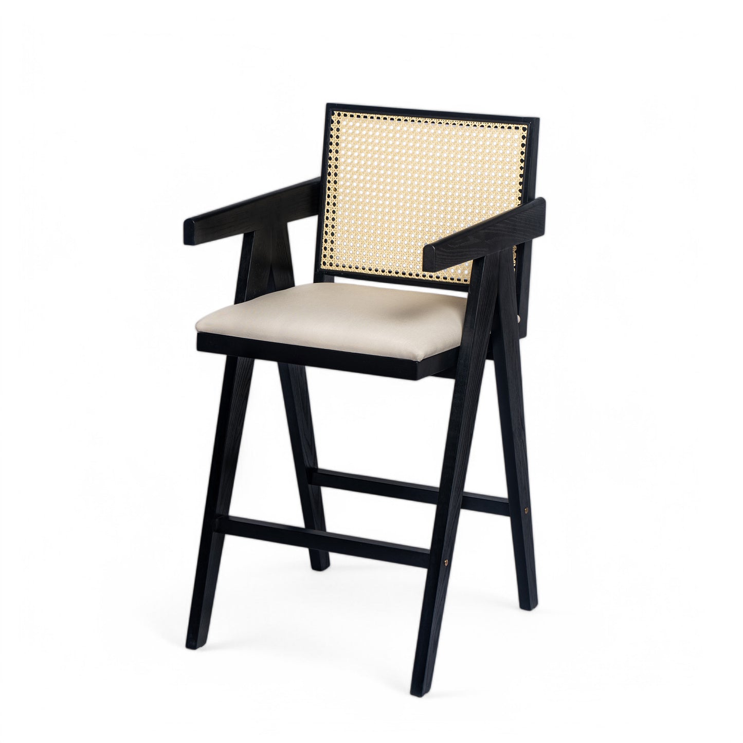 Lomiare Cream Grey Woven Cane Plastic Backrest Bar Stool - Foam-Padded Fabric Seat & Durable Rubberwood Frame