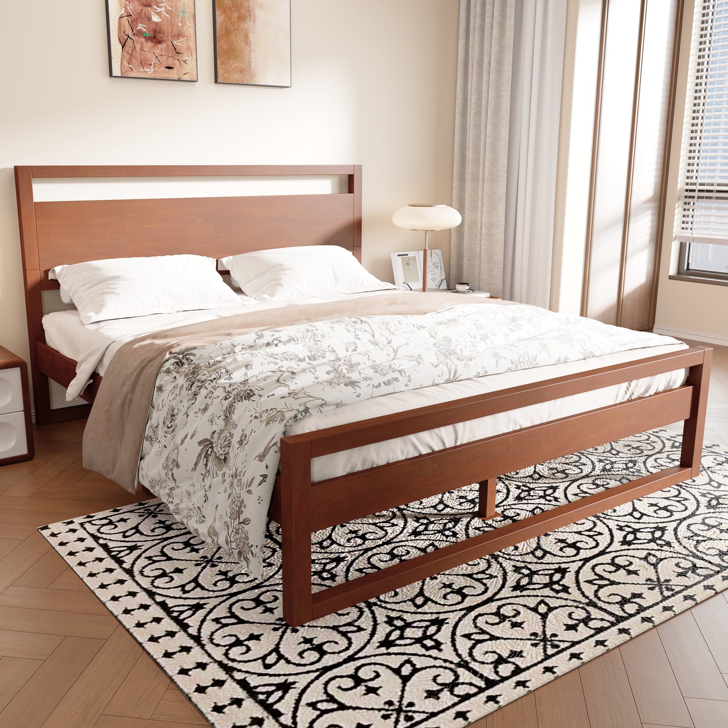Quorrilos Walnut Wood Queen Bed with Headboard and Silent Slats