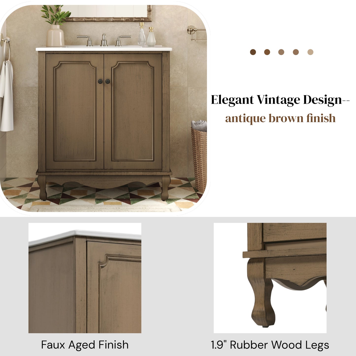 Orion 30" Vintage Bathroom Vanity with Ceramic Sink, Bathroom Vanity Cabinet,Antique Brown