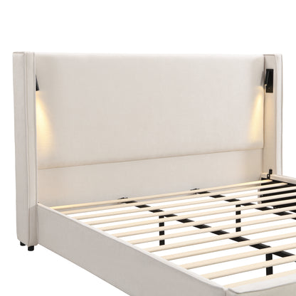 Armoire Hazel 49.20" H King Headboard Bed, Upholstered King Size Bed, Slats Panel Support Platform, No Spring Box Needed, Wingback Headboard with Reading Lamps and USB, Beige