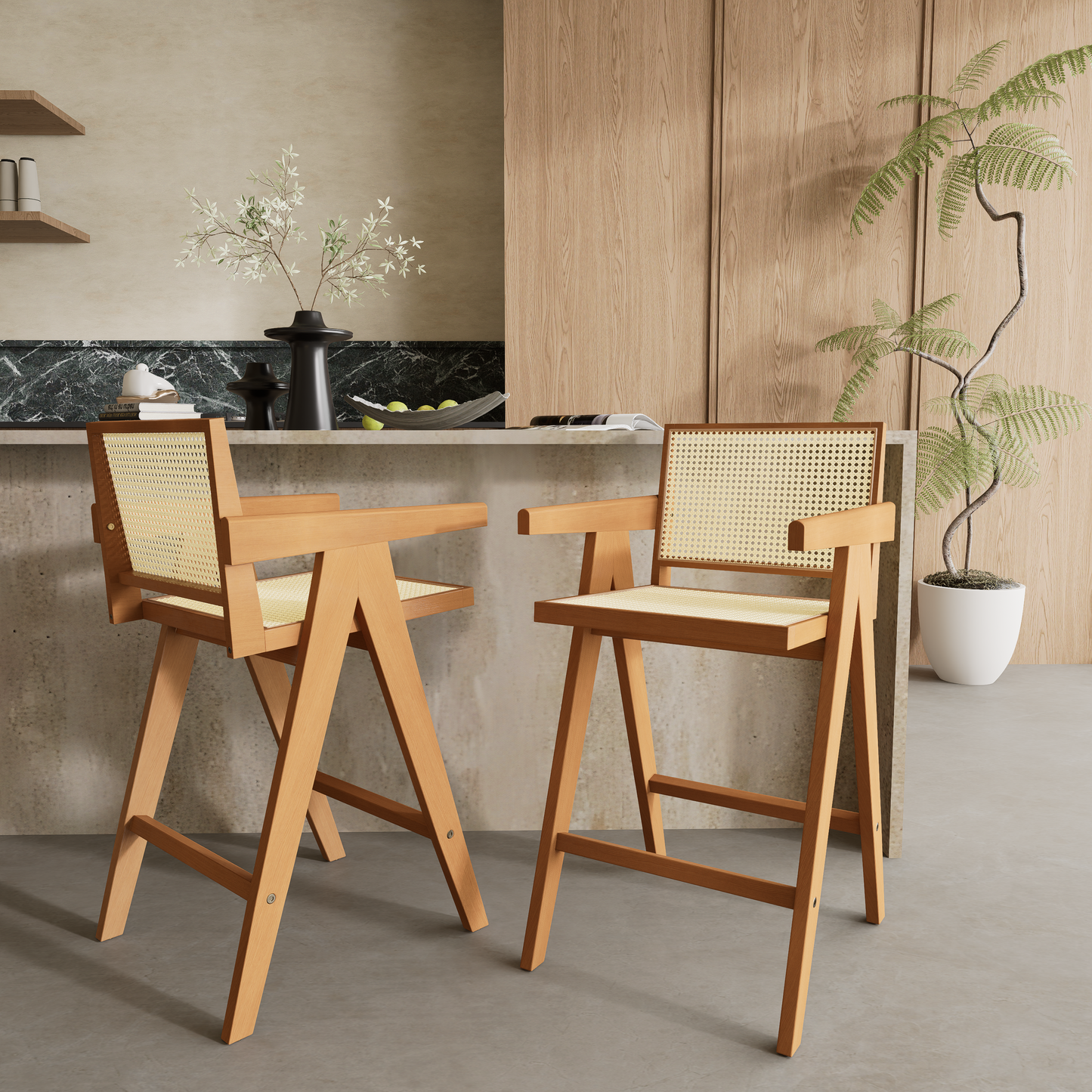 Lomiare Modern Minimalist Bar Stool with Cane Seat, Solid Wood Frame