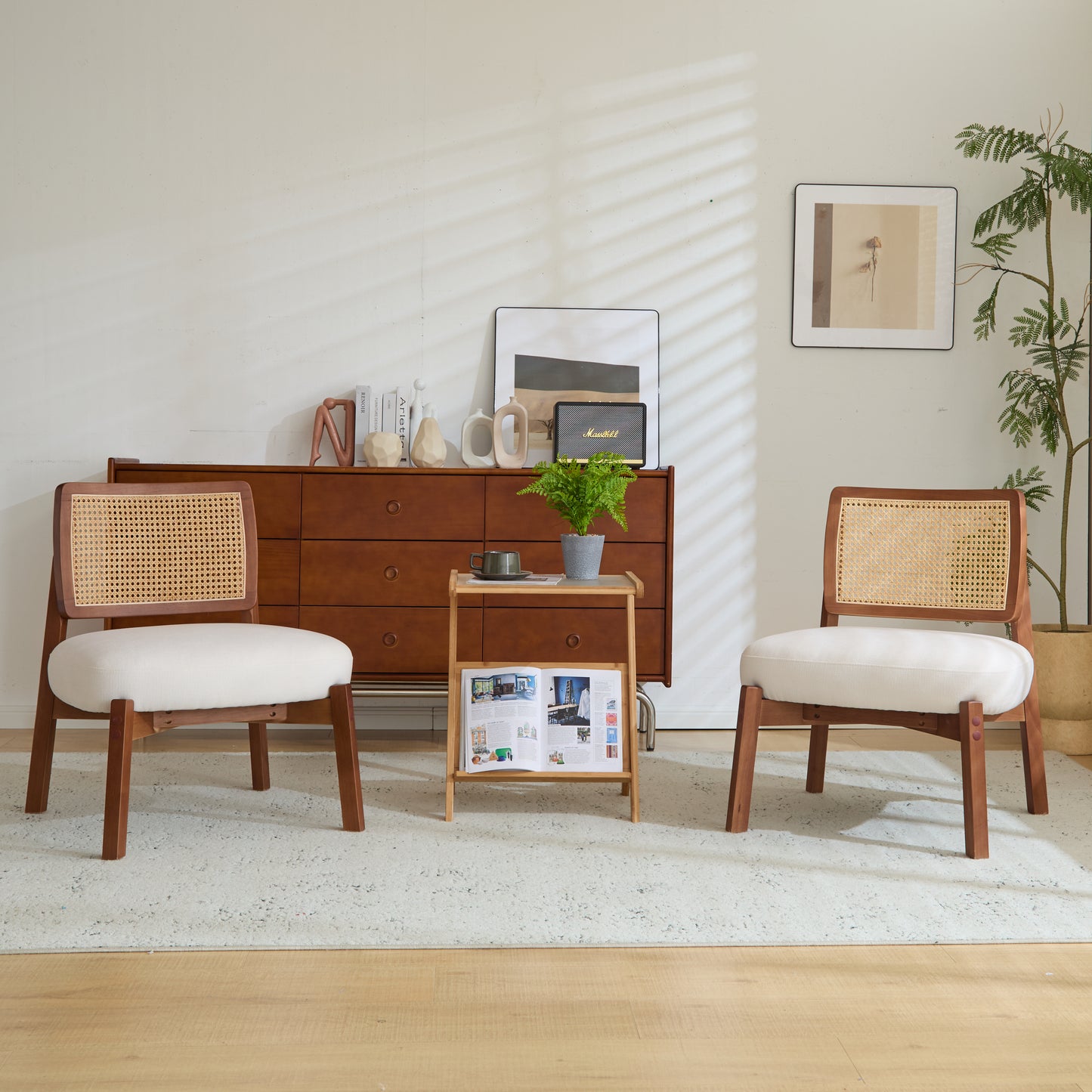 Aphex Modern Beige Lounge Chair with Woven Backrest, Sturdy Wooden Frame,Set of 2