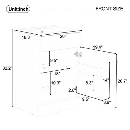 Effervescent Vanes Wood Frame 20" Bathroom Vanity with Ceramic Sink, Cabinet with Soft-Closing Door Shelf and Adjustable Shelf, Open Back, Metal Hardware, Storage/Organizer, White