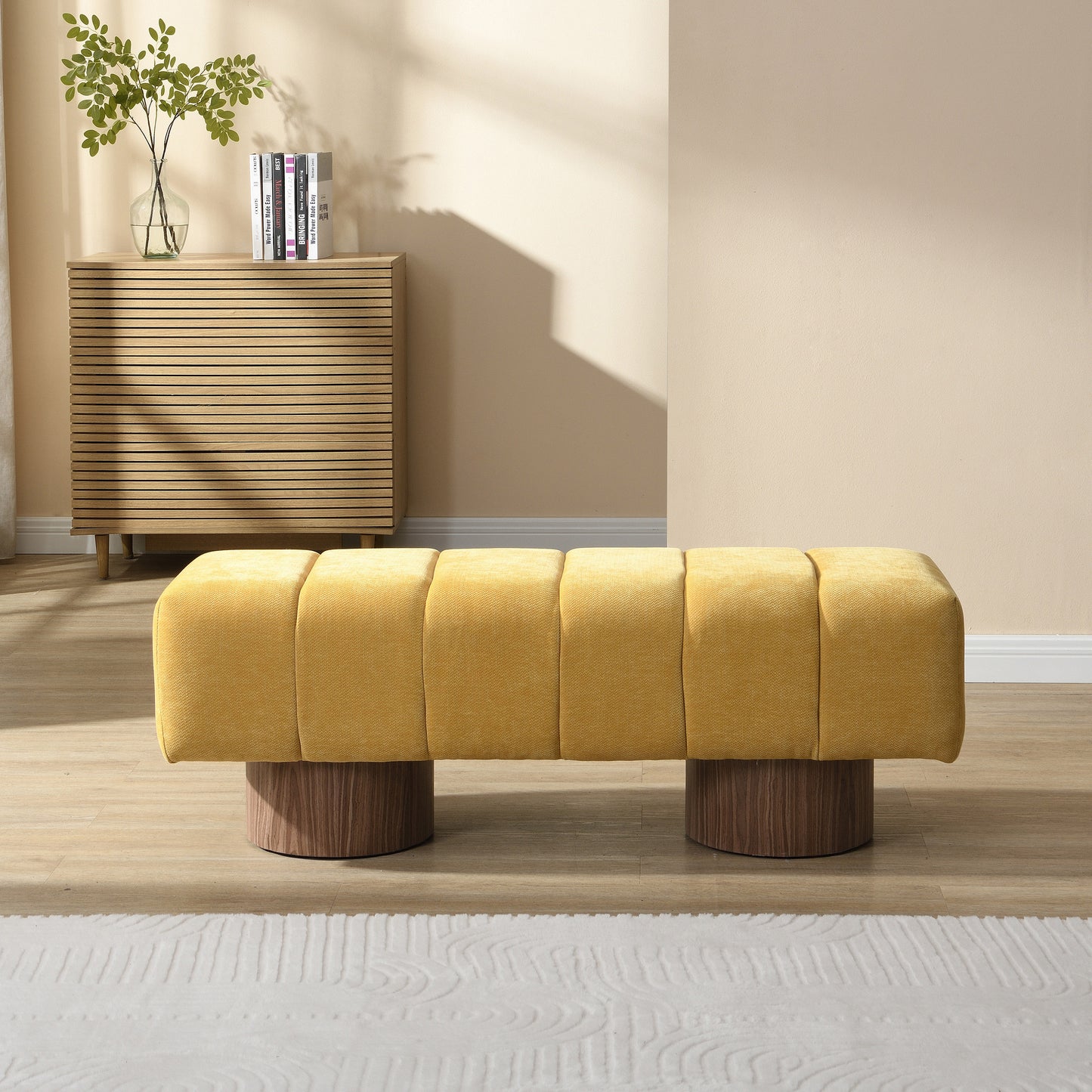 Sylithar Chenille Fabric Upholstered Dining Bench, End of Bed Entryway Bench Ottoman